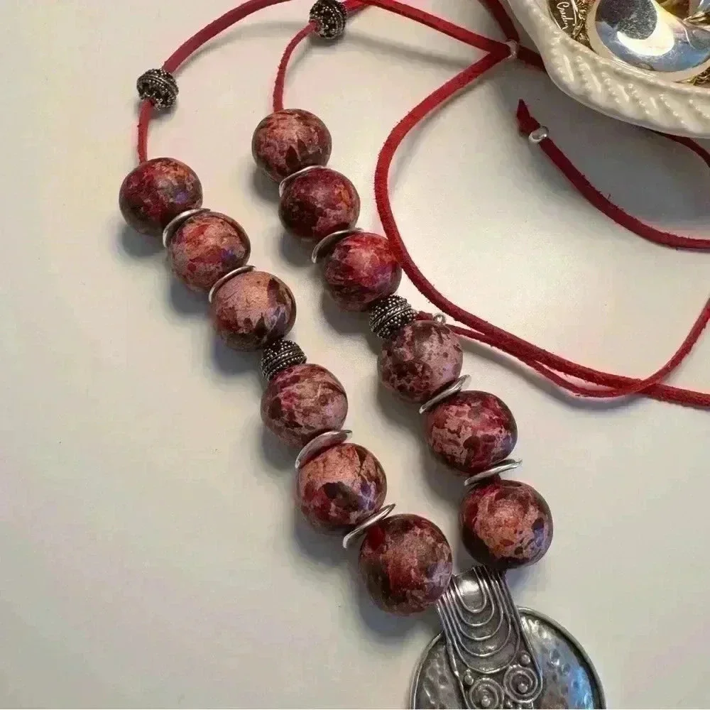 CERAMIC beaded greek statement necklace w/ silver disk pendant - Picture 5 of 7